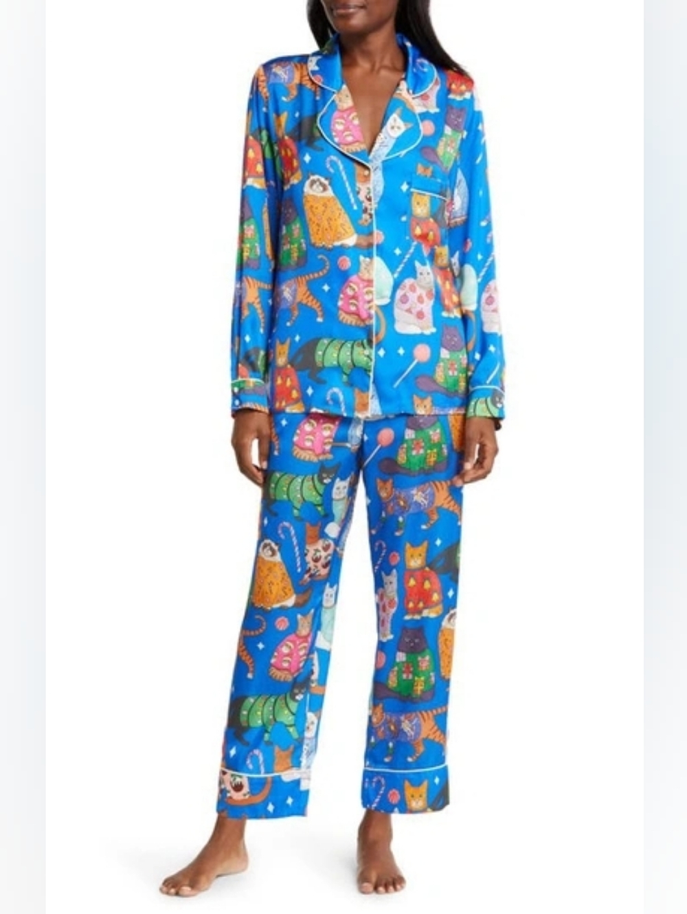NWT Karen Mabon Blue Christmas Sweater Cat Print Pajama Set